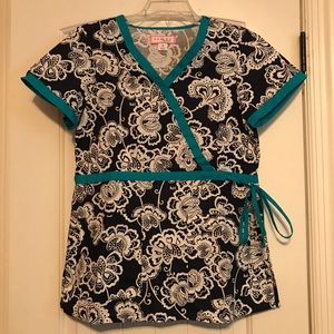 Koi Blue and White Wrap Blouse Short Sleeve Tie Front